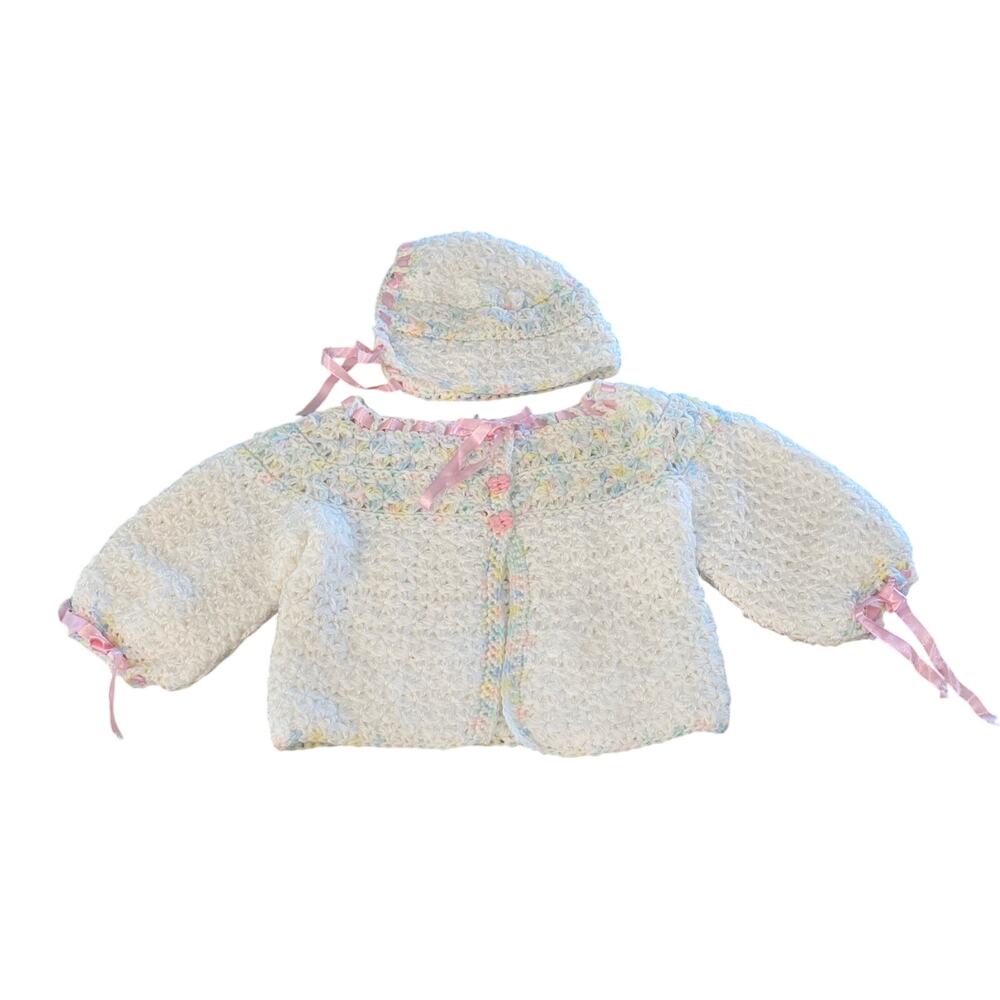 Knit Baby Beanie Sweater‎ Cardigan Crocheted Pastel Multicolor